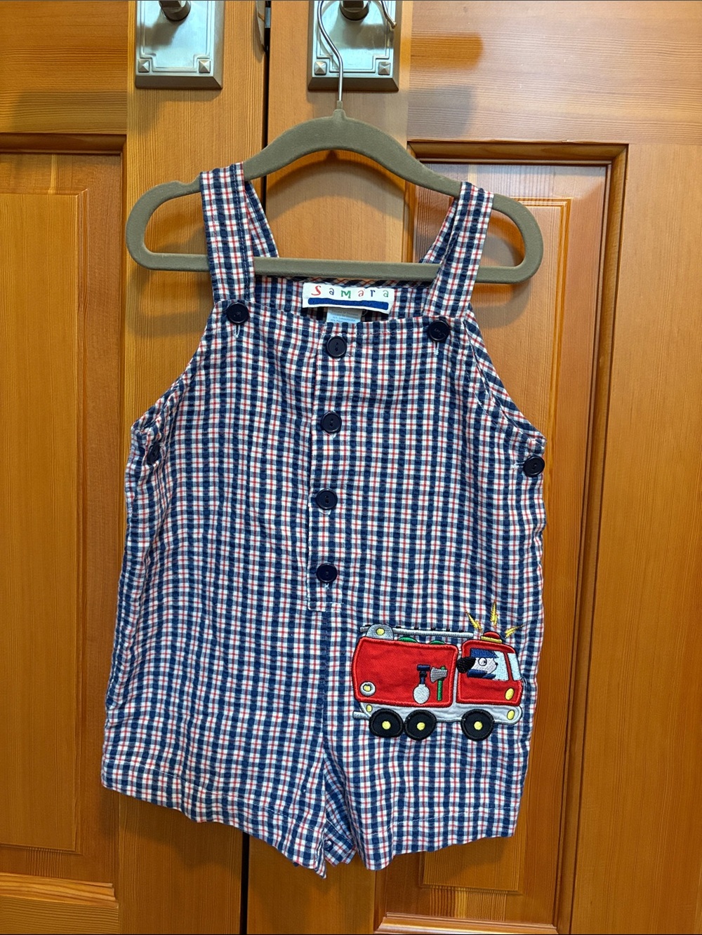 Vintage Samara Shortalls with Fire Truck Appliqué 3T LIKE NEW